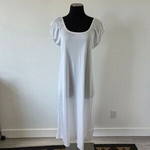 White Satin Maxi Length Slip Cap Sleeve Lace Trim Temple Ordinance Pocket Small